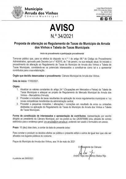 Procedimento de alteração ao Regulamento e Tabela de Taxas do município